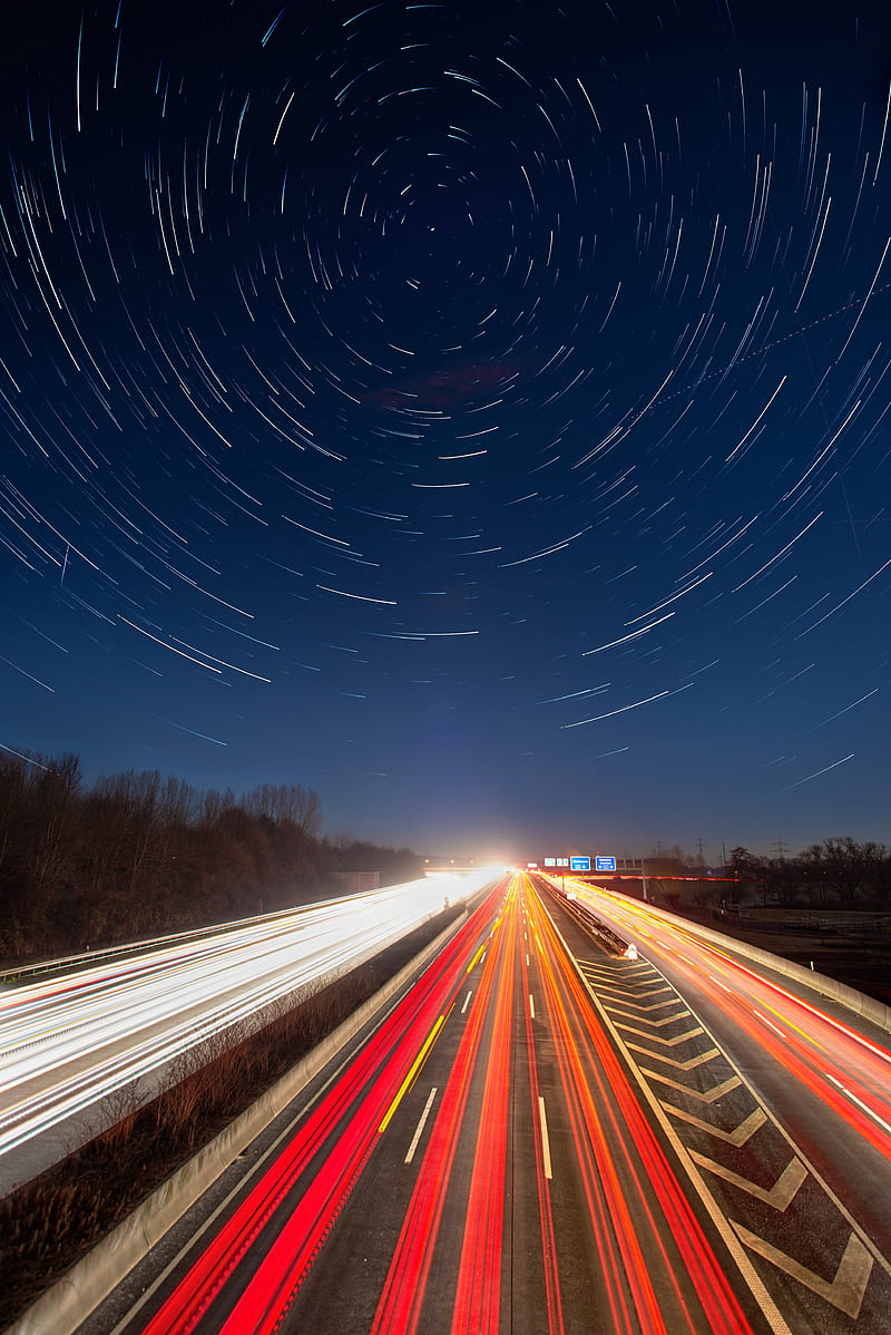 time-lapse, road, star trails, night, long exposure, Space, HD phone wallpaper