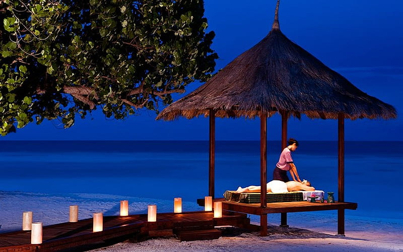 Relaxing, pavillion, women, candles, beach, tree, sand, mattress, spa, evening, massage, light, HD wallpaper