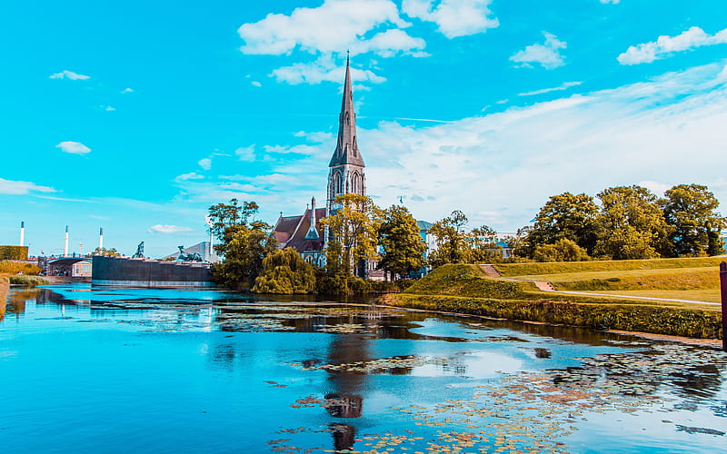 Copenhagen danish cities, summer, church, Denmark, Europe, HD wallpaper