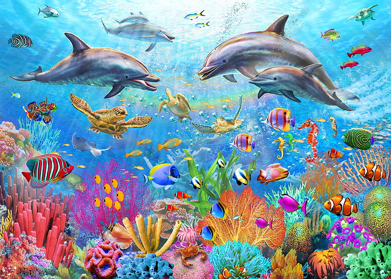 Sealife, summer, coral, colorful, fish, fantasy, dolphin, water, vara, adrian chesterman, pink, blue, HD wallpaper