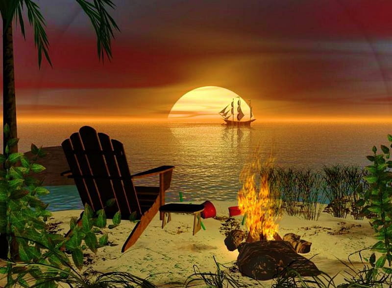 Silent Place, beach, sun, chair, sunset, artwork, sea, HD wallpaper