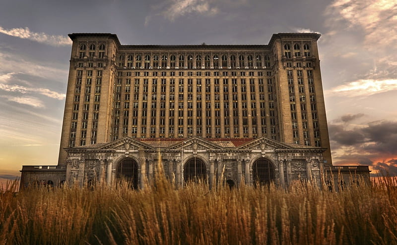 michigan central depot in detroit r, building, depot, weeds, r, abandoned, HD wallpaper