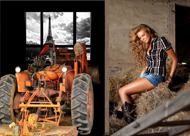 Ranch Work.., cowgirl, boots, saddles, women, brunettes, girls, barns, female, models, tractor, fun, hay, hat, france, fashion, western, style, HD wallpaper