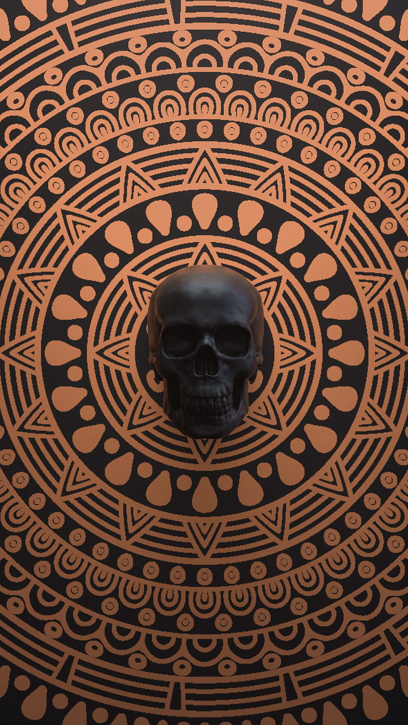 mandala skull, abstract, art, black, brown, digital art, gold, pattern, HD phone wallpaper