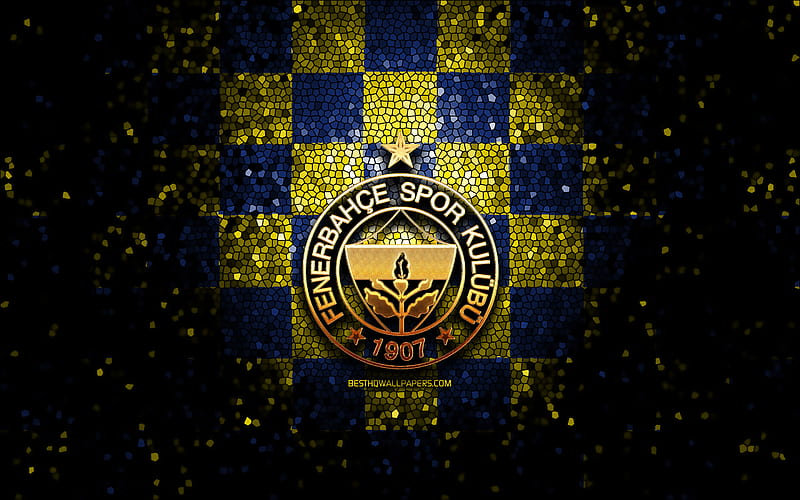 Fenerbahce FC, glitter logo, Turkish Super League, blue yellow checkered background, soccer, Fenerbahce SK, turkish football club, Fenerbahce logo, mosaic art, football, Turkey, HD wallpaper