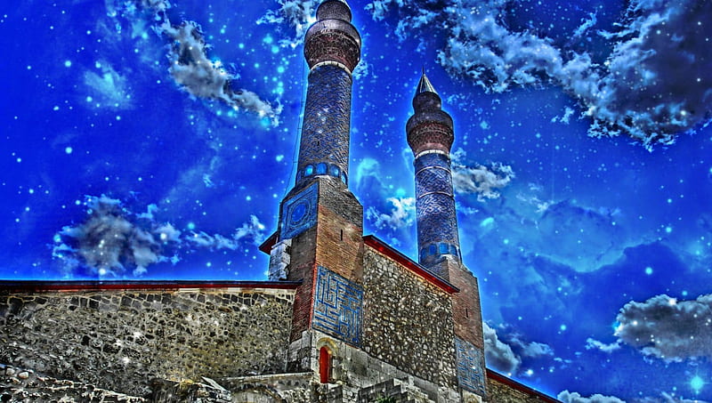 ottoman mosque minarets under stars r, stars, minarets, mosque, r, sky, HD wallpaper
