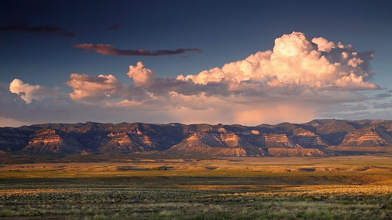beautiful wide utah desert landscape, desrt, clouds, panorama, mountains, HD wallpaper