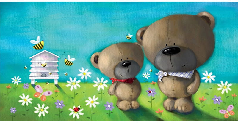 Teddy Bear's, teddy, greeting, bears, hive, bees, card, HD wallpaper