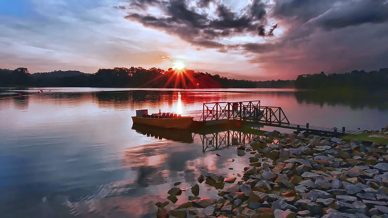 Pretty lake sunset, sunset, boat, dock, lake, HD wallpaper | Peakpx