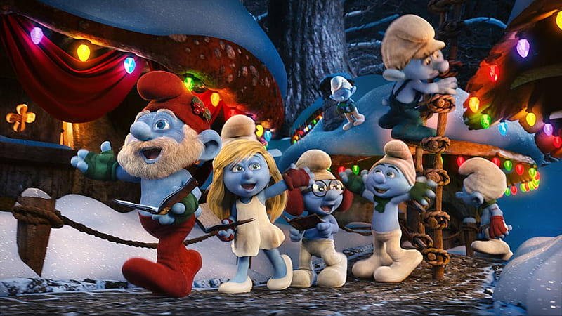 smurfs christmas, smurfs, movie, blue, shristmas, HD wallpaper