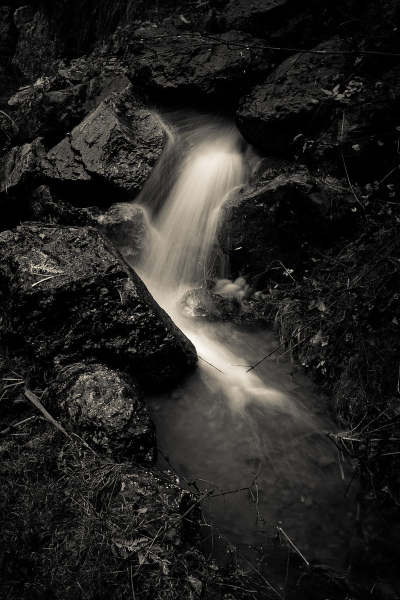 Stream, stones, wet, long exposure, black and white, HD phone wallpaper