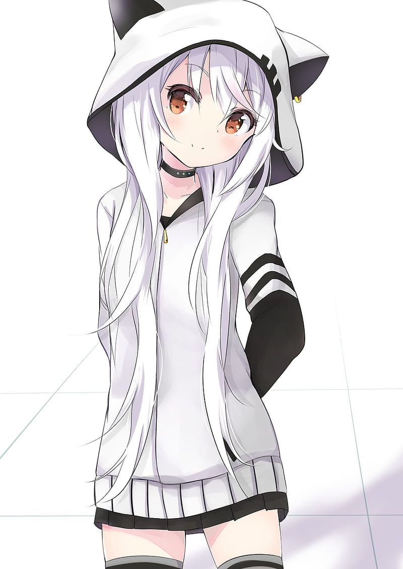 Anime cat girl, black, black and white, hoodie, skirt, white, HD phone wallpaper