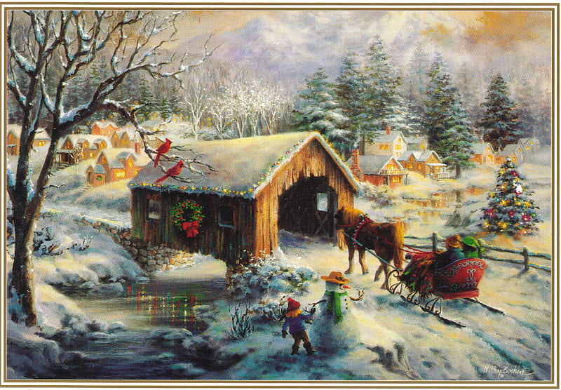 Christmas ride in the Country, christmas, bridge, country, snowman, sled, winter, HD wallpaper