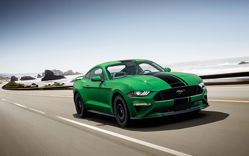 Ford Mustang GT, Fastback, 2018, green sports coupe, exterior, coast, USA, new green Mustang, American cars, Ford, HD wallpaper