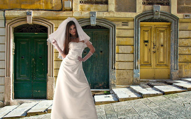 Caprice in a Wedding Gown, Wedding, Gown, Brunette, Doors, Model, HD wallpaper