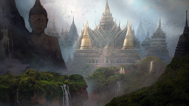 Buddhist temple, art, fantasy, luminos, joseph diaz, HD wallpaper