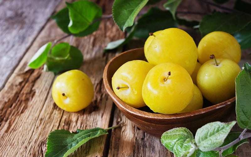 Yellow plums, food, yellow, sweet, dessert, leaf, fruit, plum, green, wood, HD wallpaper