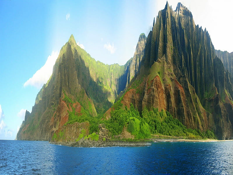 Na-pali-park-Kauai Hawaii, mountaneous, polynesia, Kauai, exotic, view, Hawaii, ocean, volcanoes, sea, paradise, mountains, volcanic, island, scenery, tropical, south pacific, HD wallpaper