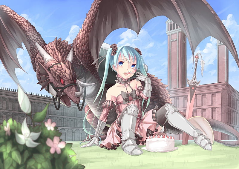 Let's me have some cake or else ..., cake, dress, hatsune miku, wing, eat, dragon, blade, anime, hot, anime girl, weapon, vocaloids, long hair, blue eyes, sword, vocaloid, female, wings, cloud, food, miku, twintails, sky, sexy, cute, hatsune, girl, monster, green hair, eating, creature, HD wallpaper