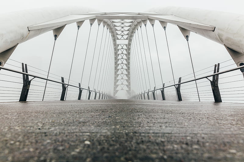 bridge, construction, architecture, fog, white, HD wallpaper