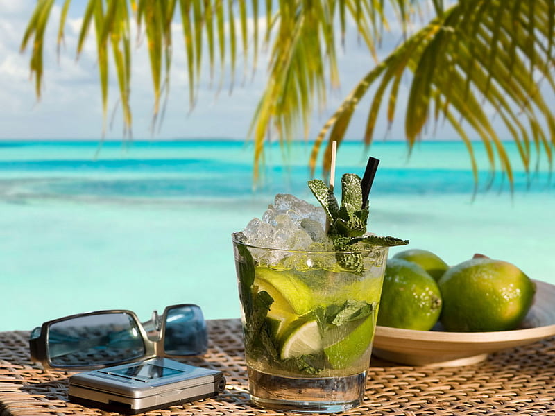 Mojito anyone?, cocktail, mint, sugar, soda, palm, rum, lemon, sea, lime, sunglasses, beach, glass, drink, cuban, HD wallpaper