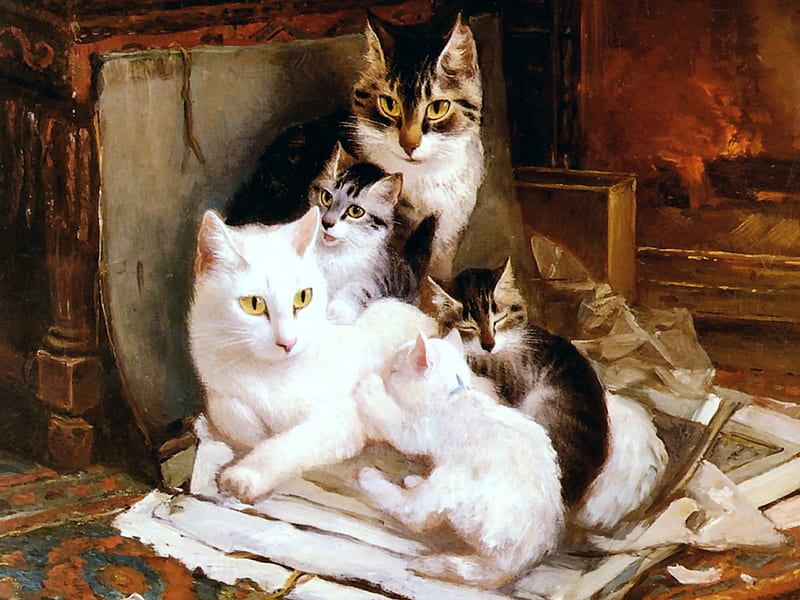The Happy Litter - Cats, art, kittens, bonito, pets, illustration, artwork, animal, feline, painting, wide screen, cats, HD wallpaper