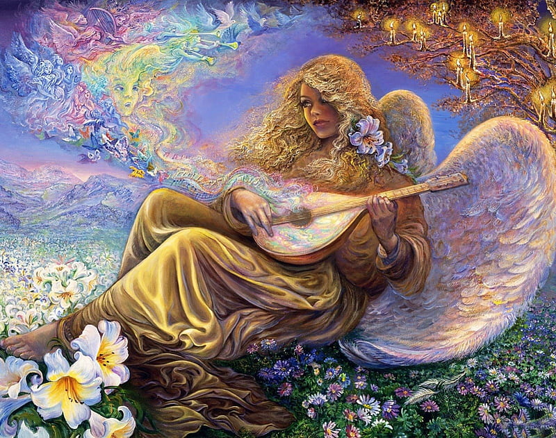 Angelsound of silence, pretty, colorful, sound, mandolin, dreams, bonito, fantasy, splendor, flowers, amazing, wings, angel, music, colors, girl, paradise, wishes, HD wallpaper