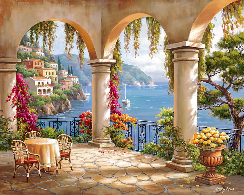 Terrace arch, art, view, Sung Kim, bonito, terrace, sea, lake, arch, painting, flowers, summer, coast, HD wallpaper