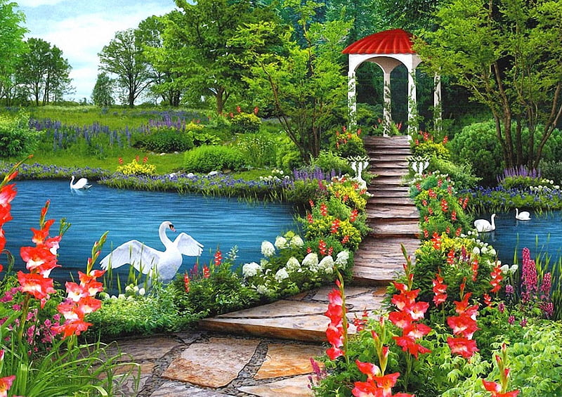 Pavillon on the Sea, flowers, water, swan, pavillon, HD wallpaper | Peakpx