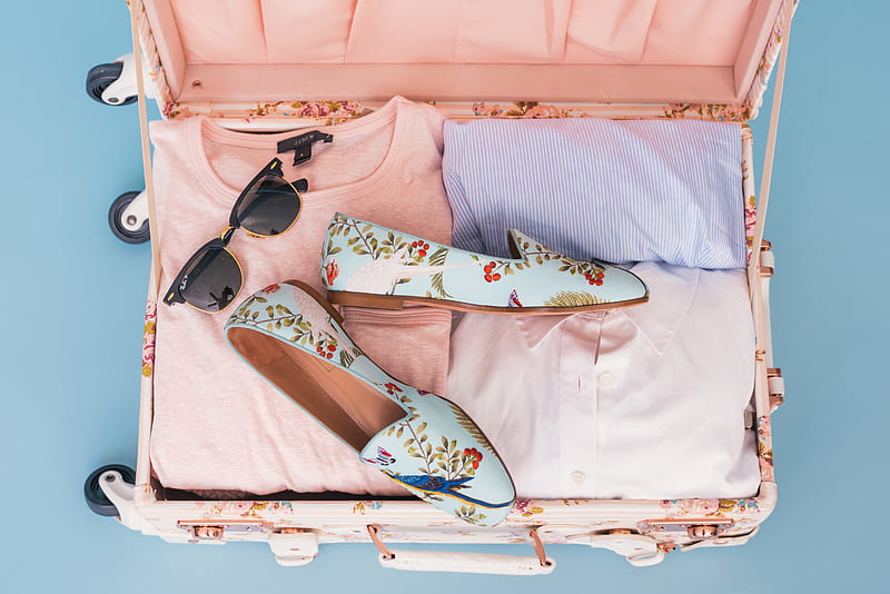 clothing items and pair of shoes in luggage, HD wallpaper