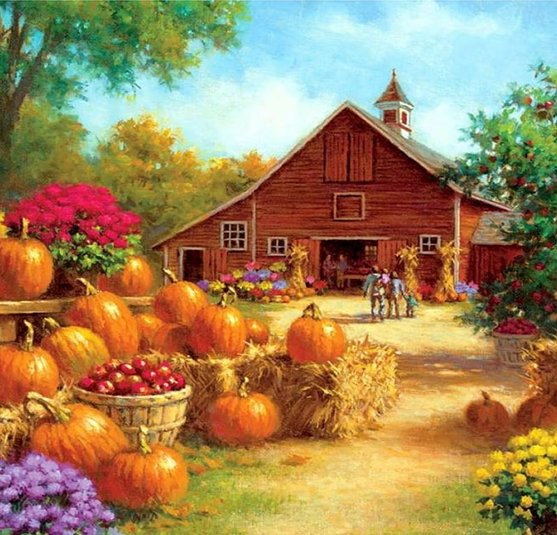 Ray Mertes. Pumpkin barn (DETAIL), fruit, art, autumn, house, pumpkin, painting, HD wallpaper