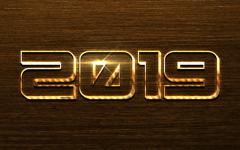 2019 year, creative gold letters, numbers, New Year, brown metallic background, steel texture, golden inscription, 2019 concepts, HD wallpaper