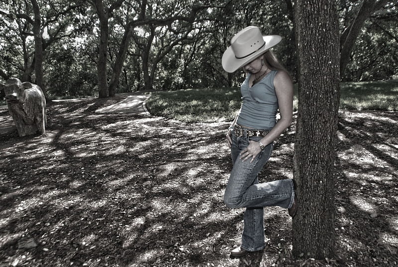 Urban Cowgirl, cow, cowgirl, grass, park, trees, hat, tree, statue, path, HD wallpaper
