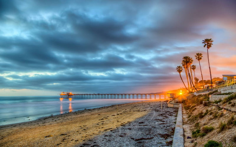 San Diego, pier, sea, coast, sunset, America, USA, HD wallpaper