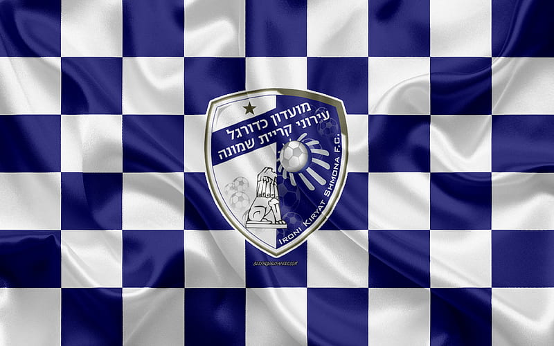 Hapoel Ironi Kiryat Shmona FC Israeli Premier League, blue and white checkered flag, Israeli football club, silk flag, football, soccer, Shmona logo, Israel, HD wallpaper