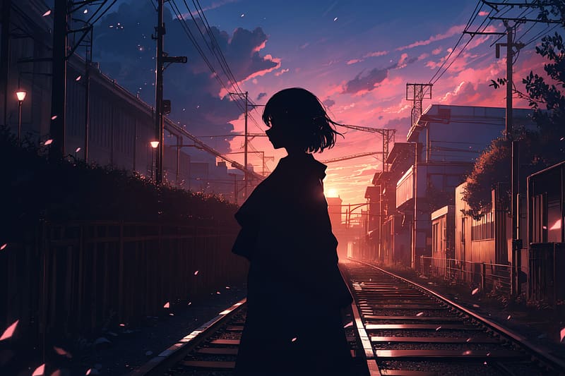 girl, silhouette, rails, anime, HD wallpaper