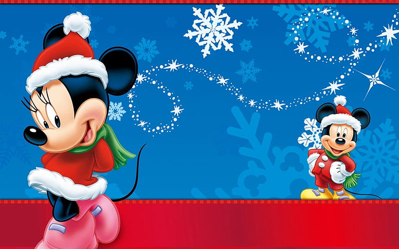 Merry Christmas!, red, craciun, christmas, mickey mouse, fantasy, minnie, couple, disney, blue, HD wallpaper