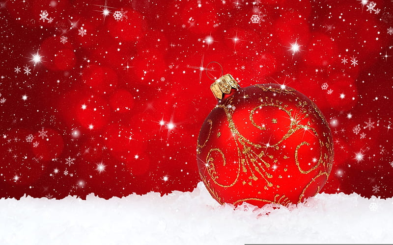 New Year, Christmas, red Christmas ball, snow, HD wallpaper