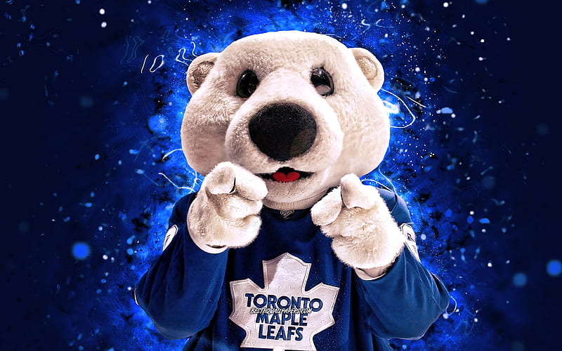 Carlton the Bear mascot, Toronto Maple Leafs, blue neon lights, NHL, creative, USA, Toronto Maple Leafs mascot, Carlton, NHL mascots, official mascot, Carlton mascot, HD wallpaper