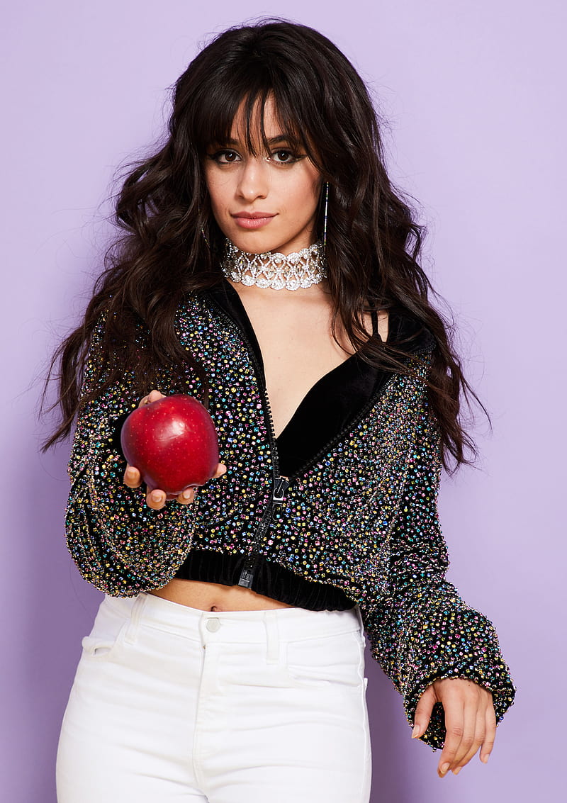 Camila Cabello, women, singer, brunette, long hair, simple background, fruit, apples, HD phone wallpaper