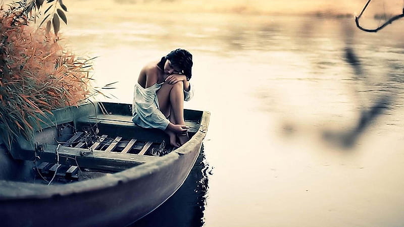 Girl Is Sitting Alone On Boat Alone, HD wallpaper