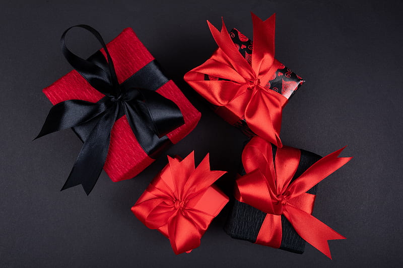 gifts, boxes, ribbons, red, black, HD wallpaper
