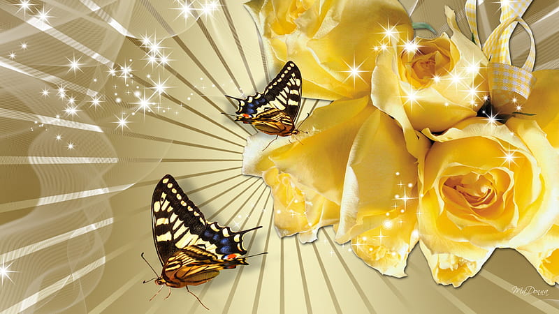 Glow of Yellow Roses, stars, shine, yellow, firefox persona, butterflies, roses, sparkles, rays, bouquet, summer, flowers, HD wallpaper