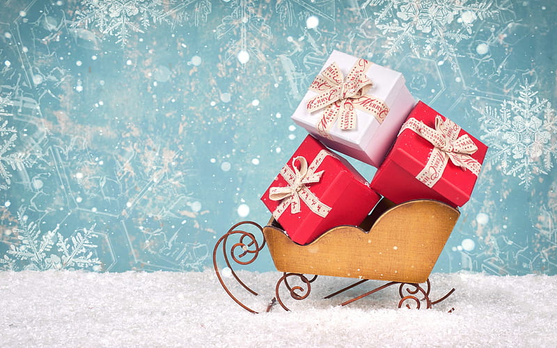 Christmas gifts, sleds, New Year, snow, winter, holiday concepts, HD wallpaper
