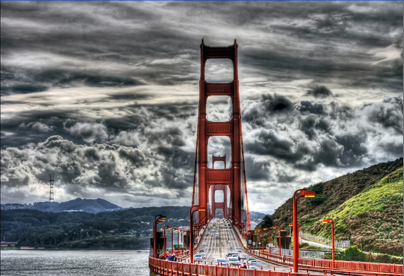 the bridge, cloudy, crowd, water, bridge, sky, clods, HD wallpaper