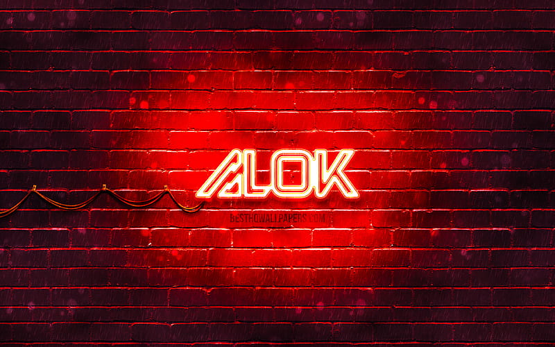Alok red logo, superstars, brazilian DJs, red brickwall, Alok new logo, Alok Achkar Peres Petrillo, Alok, music stars, Alok neon logo, Alok logo, HD wallpaper
