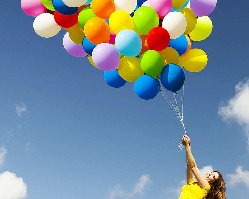Balloons, balloon, colorful, happy, sky, woman, HD wallpaper