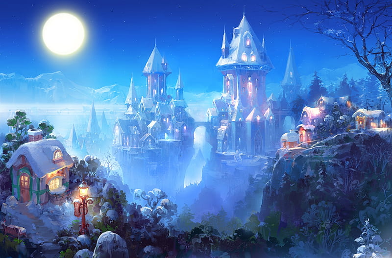 Snow castle, fantasy, moon, snow, moon, paperblue net, white, castle, blue, luminos, HD wallpaper
