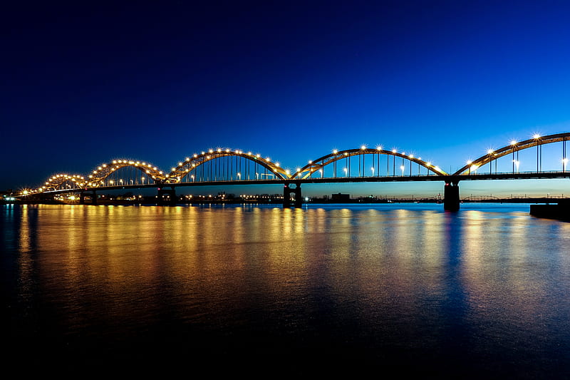 Mississippi Blue, bridge, evening, lights, river, rx100mkiv, sony, water, HD wallpaper
