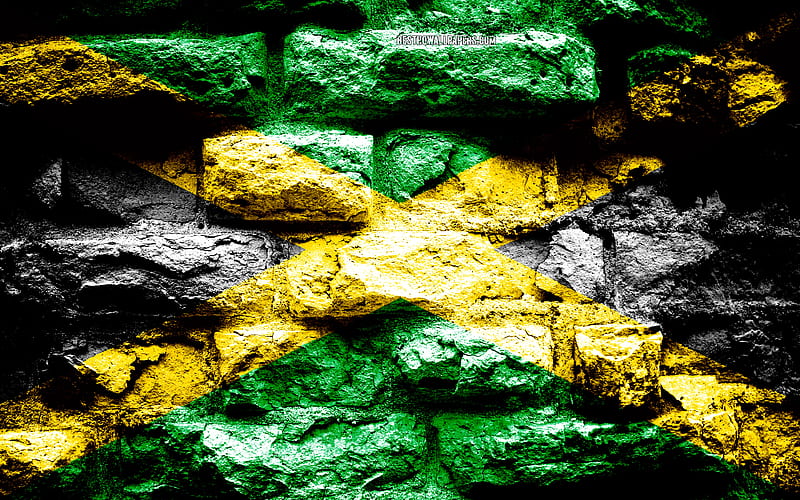 Jamaica flag, grunge brick texture, Flag of Jamaica, flag on brick wall, Jamaica, Europe, flags of South American countries, HD wallpaper